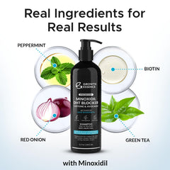Growth Essence Minoxidil Shampoo label closeup highlighting natural ingredients