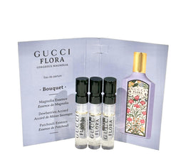 Gucci Flora Gorgeous Magnolia vial close-up highlights floral notes for testing.