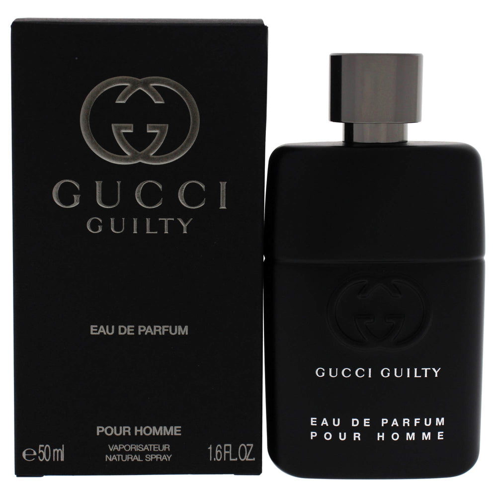 Gucci Guilty Pour Homme bottle front view with bold modern silhouette for evening wear