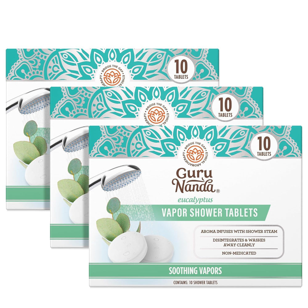 GuruNanda Eucalyptus Vapor Shower Tablet packaging highlights a spa-inspired aromatherapy experience.