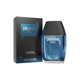 Guy Laroche Drakkar Bleu bottle close-up shows bold blue glass for a confident look.