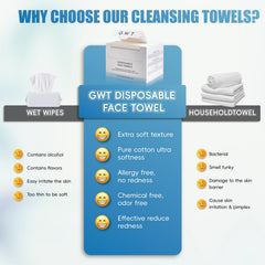 GWT toallas faciales desechables para piel sensible, limpieza suave sin irritantes.