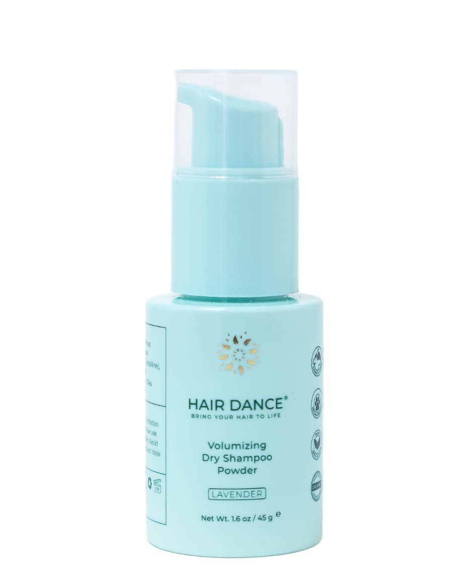 Hair Dance dry shampoo powder in lavender bottle for quick oil absorption and fresh volume.