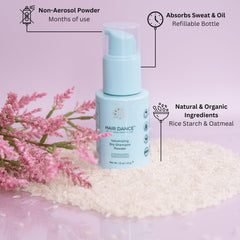 Hair Dance dry shampoo powder on hand ready for easy application and refresh.