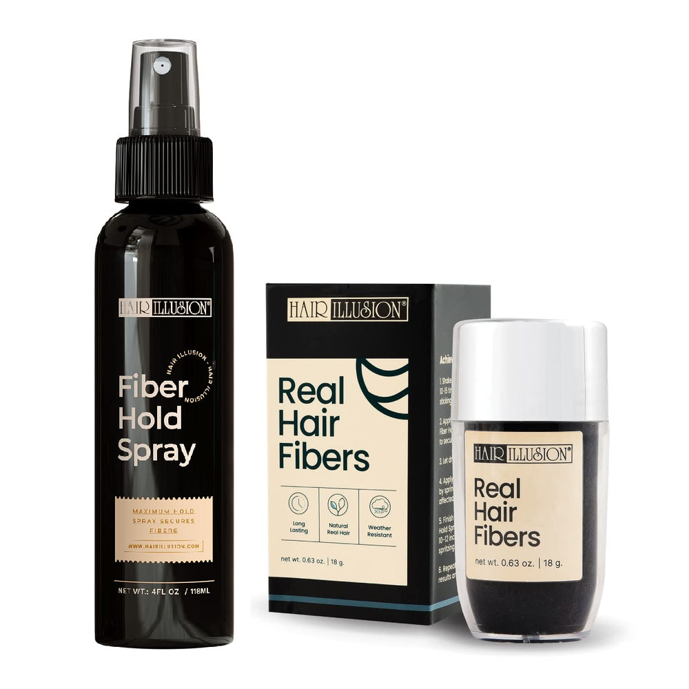 Hair Illusion black real fibers bottle shows natural coverage for thinning hair.