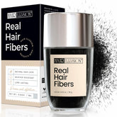 Hair Illusion Black Real Hair Fibers bottle shows natural coverage for thinning areas.