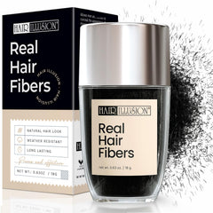 Hair Illusion fiber hold spray bottle demonstrates lasting hold without flaking.