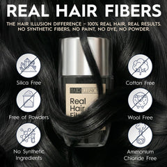 Hair Illusion real hair fibers application demonstrates quick thinning-area coverage.