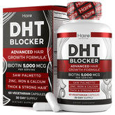 Hairo Nutrition DHT Blocker bottle label highlights premium formula for hair support.