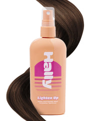 Hally Hair Lighten Up bottle front showing compact 3.4oz spray for sun-activated lightening on brunette hair
