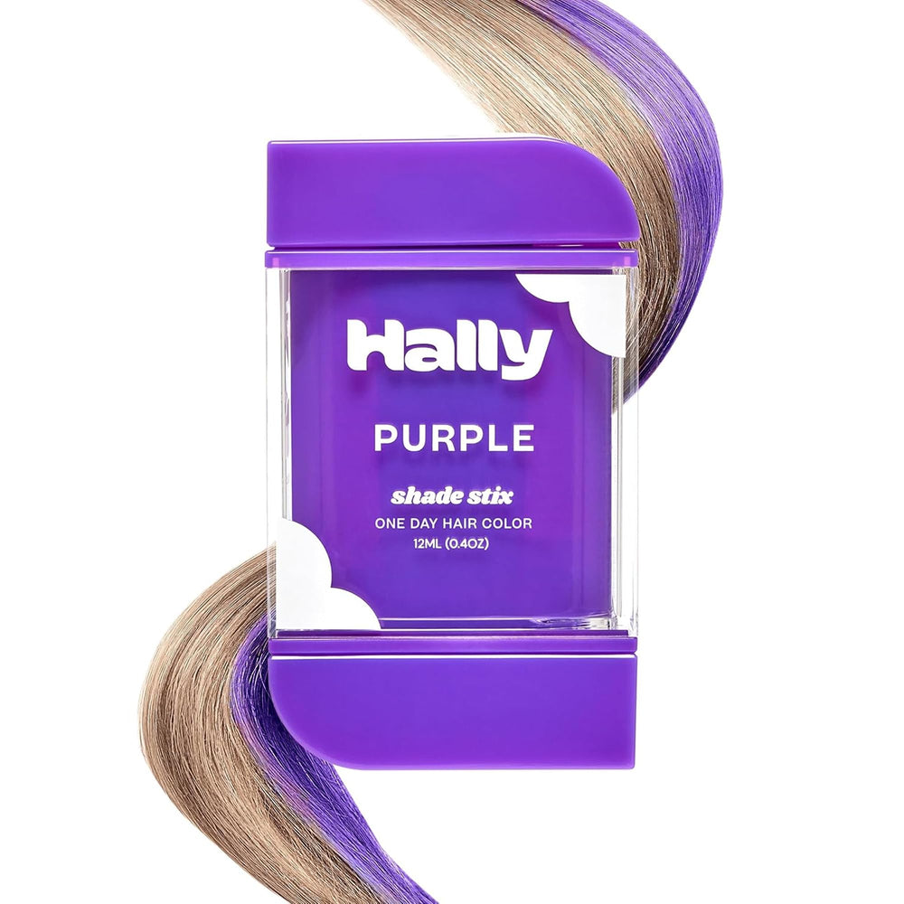 Hally Hair Shade Stix Purple bottle shows easy application and wash-out color for events.