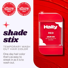 Hally Hair Shade Stix Red on dark hair shows bright, visible color.