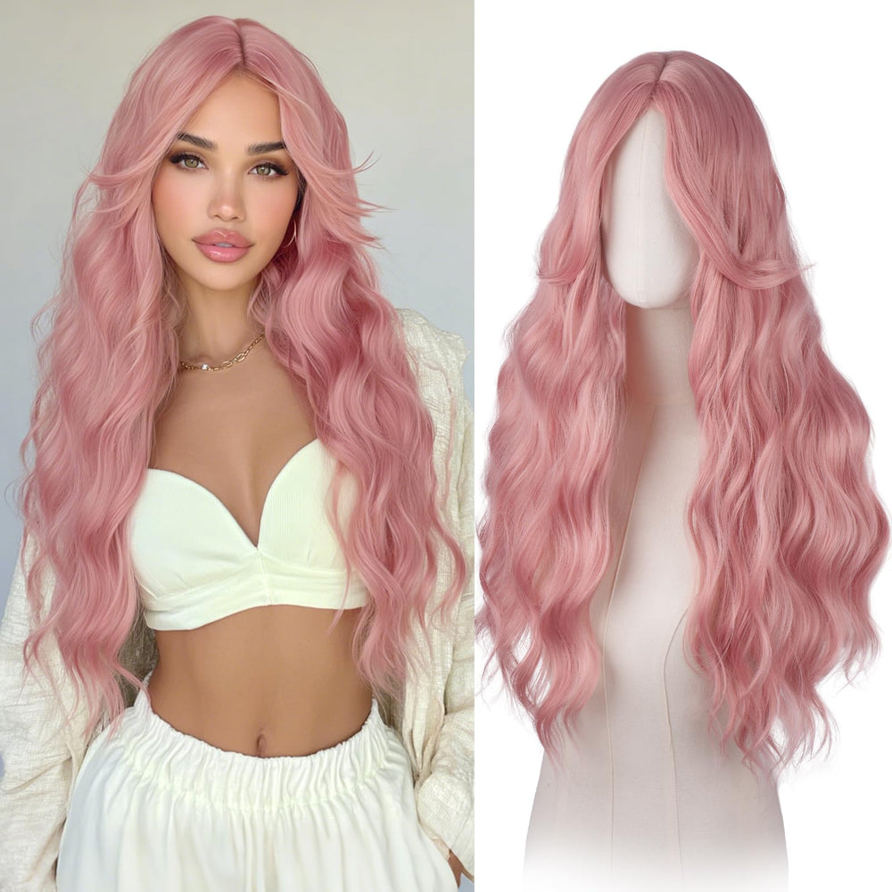 Haloo pink wig with curtain bangs delivers long waves for a dramatic daily look.
