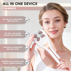 HAMINOS facial massager on face and neck for lift-like feel.