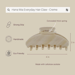 Hana Mia large four inch clip keeps hair neatly in place.