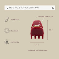 Pinza Hana Mia rojo acetato con brillo suave, ideal para recoger mechones sin tirones.