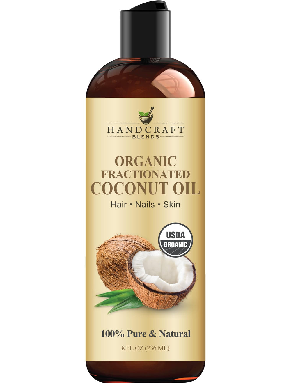 Handcraft Blends aceite coco fraccionado en botella, hidratación ligera para piel.