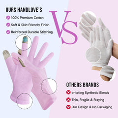 HandLove aplicando crema con guantes, nutrición nocturna sin manchar sábanas.