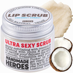 Handmade Heroes Coconut Sorbet lip scrub jar shows creamy texture for smooth lips.