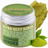 Handmade Heroes Matcha Latte Lip Scrub tube showing dry lips exfoliation