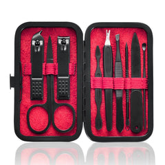 HANTEKAS 9-in-1 manicure set case open for travel-ready access.