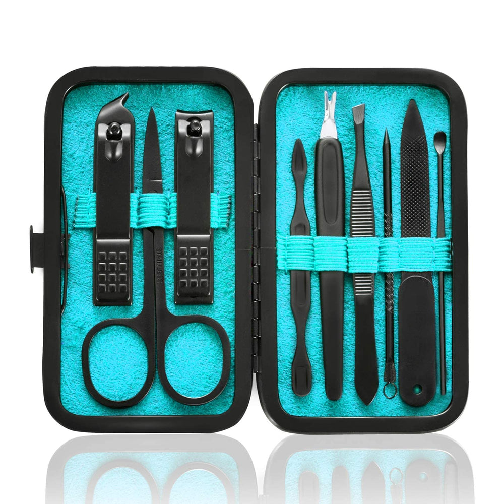 HANTEKAS manicure set case open showing organized tools for travel grooming