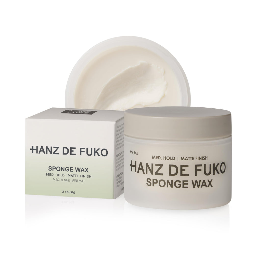 Hanz de Fuko Sponge Wax 2oz tin jar for flexible hold and a semi-matte finish.