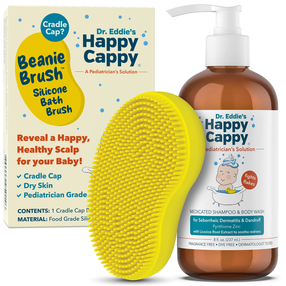 Happy Cappy Beanie Brush gently massaging baby's scalp for cradle cap relief