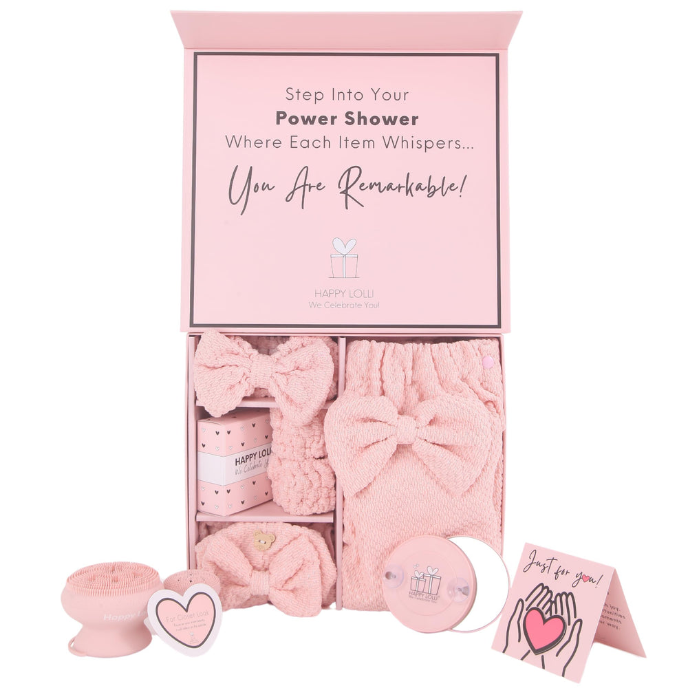 Happy Lolli Power Shower Gift Set body towel shows soft pink fabric for pampering routines.