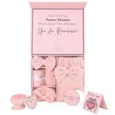 Happy Lolli Power Shower Gift Set body towel shows soft pink fabric for pampering routines.