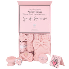 Happy Lolli Power Shower Gift Set body towel shows soft pink fabric for pampering routines.