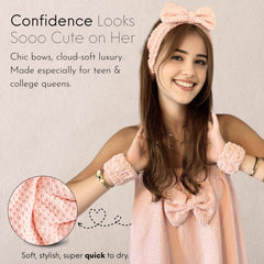 Happy Lolli Power Shower Gift Set towel headband keeps hair away during routines.