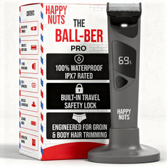 Happy Nuts Ballber Pro charging dock powering the trimmer for easy mornings.