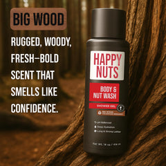 Happy Nuts Big Wood lather on skin with sandalwood aroma.