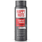 Happy Nuts Comfort Powder Deodorant jar close-up highlights packaging and long-lasting protection.