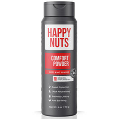 Happy Nuts Comfort Powder Deodorant jar close-up highlights packaging and long-lasting protection.