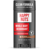 Desodorante Happy Nuts cuerpo, frasco grande, aroma amaderado para uso diario.