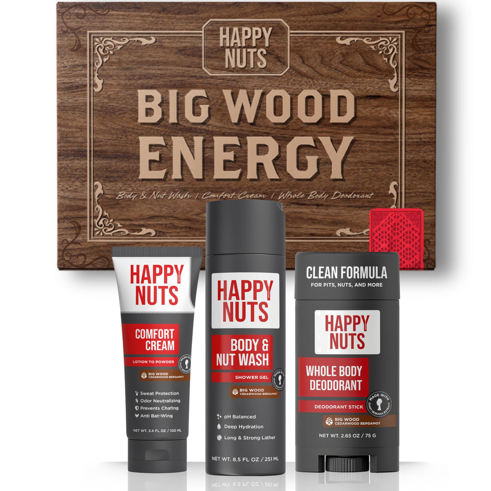 HAPPY NUTS Big Wood Energy Box packaging, a ready-to-gift self-care set.