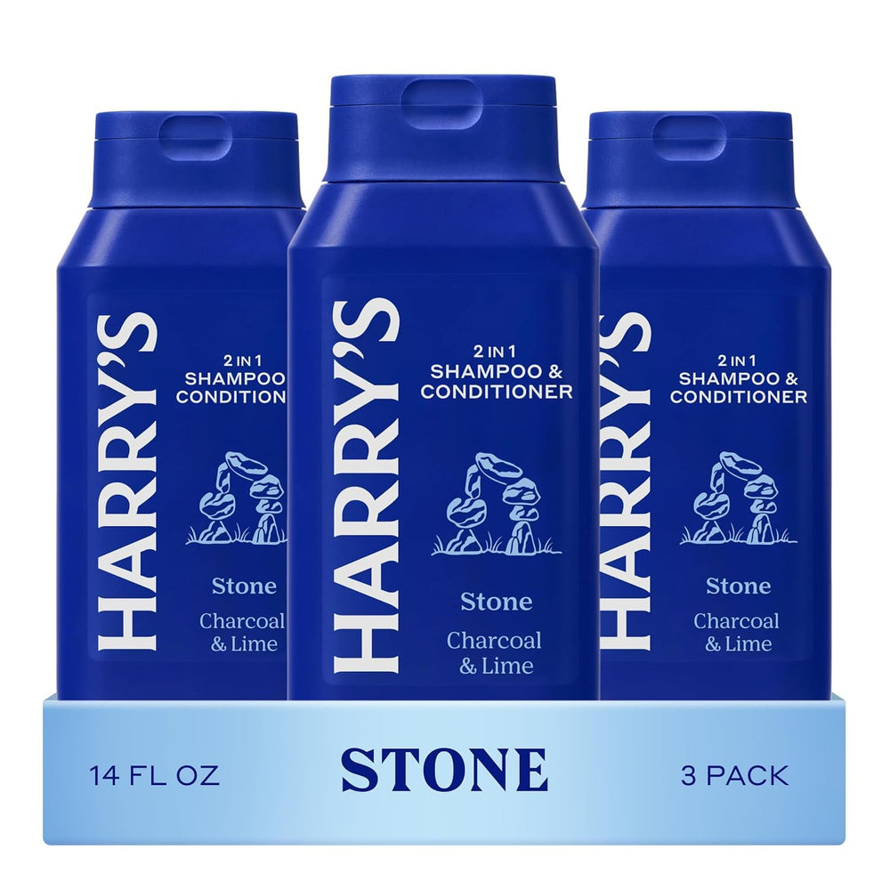 Harry's 2-in-1 shampoo bottle front view highlights Stone scent for a refreshing cleanse