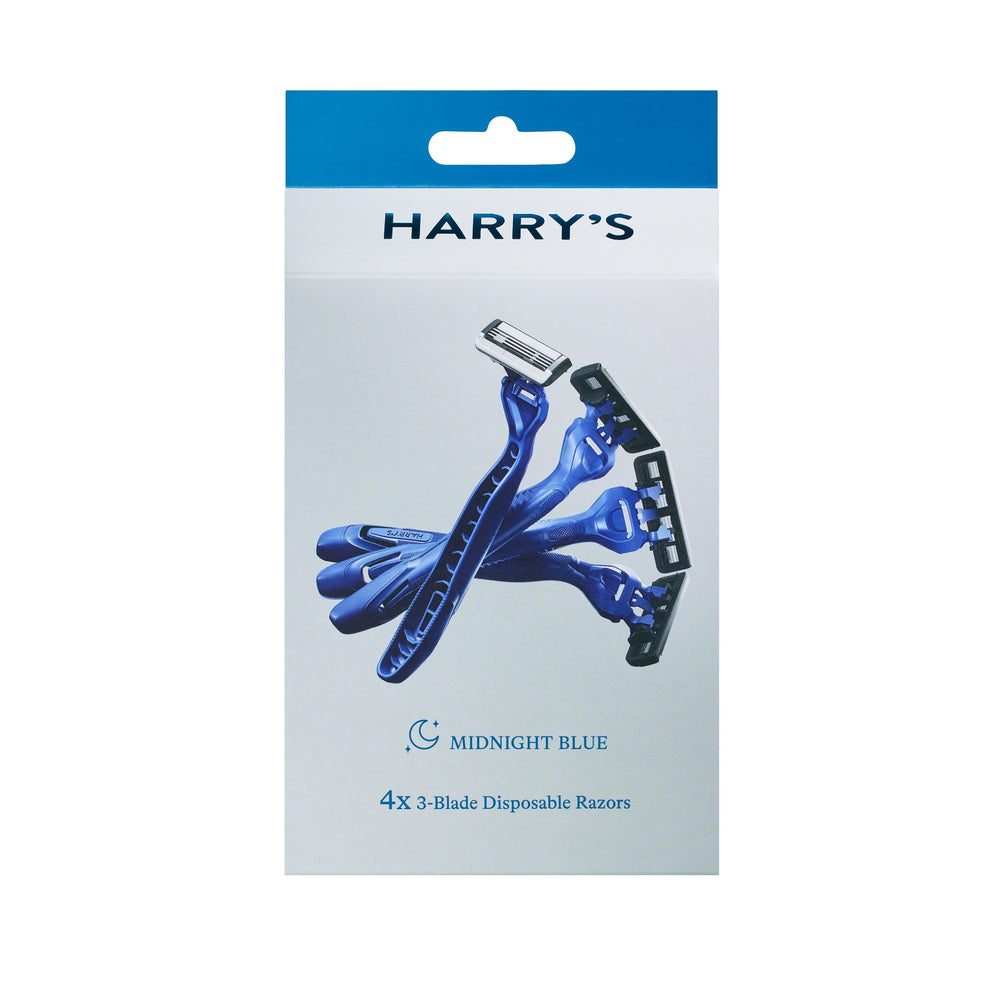 Harry's disposable razor close-up with 3 blades and lubricating strip for a smooth shave