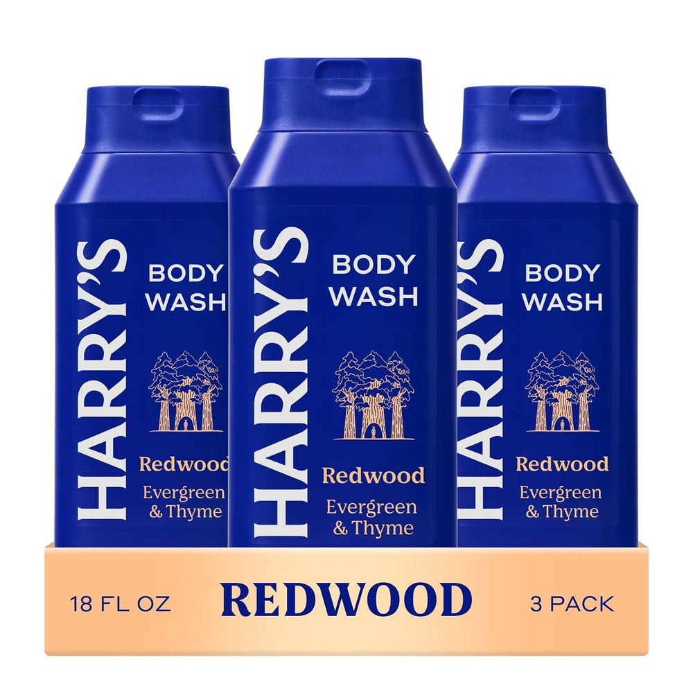 Harry's Redwood gel de ducha en botella, aroma vigorizante para piel limpia.