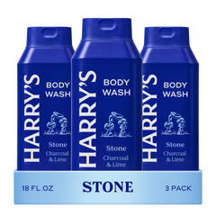 Harry's Stone body wash bottle pour showing energizing morning shower benefits
