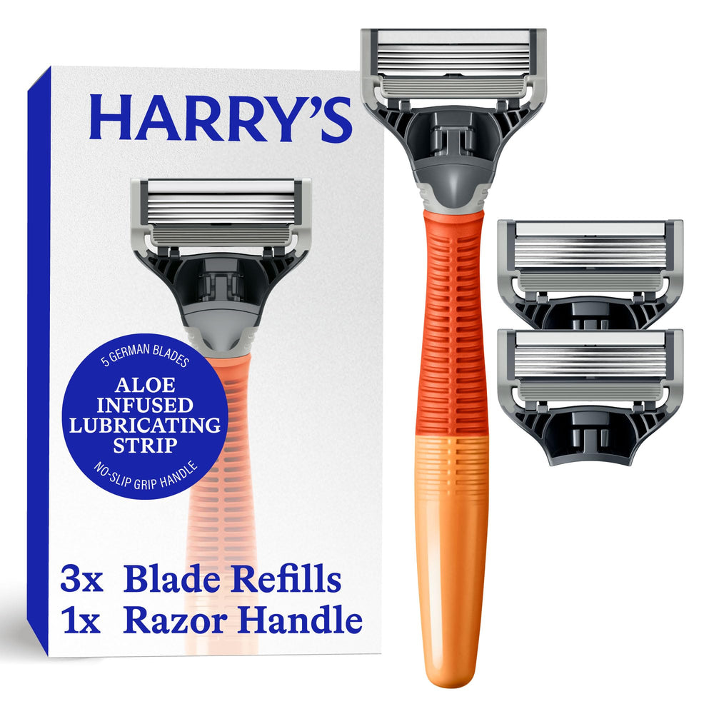Harry's Truman handle close-up showing grip for precise shaving