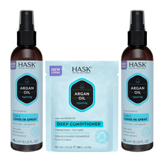 HASK Argan Oil 5-in-1 Leave-In Spray bottle on counter for detangling and shine.