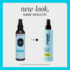 Close-up of HASK Argan Oil 5-in-1 Leave-In Spray bottle showing lightweight texture.
