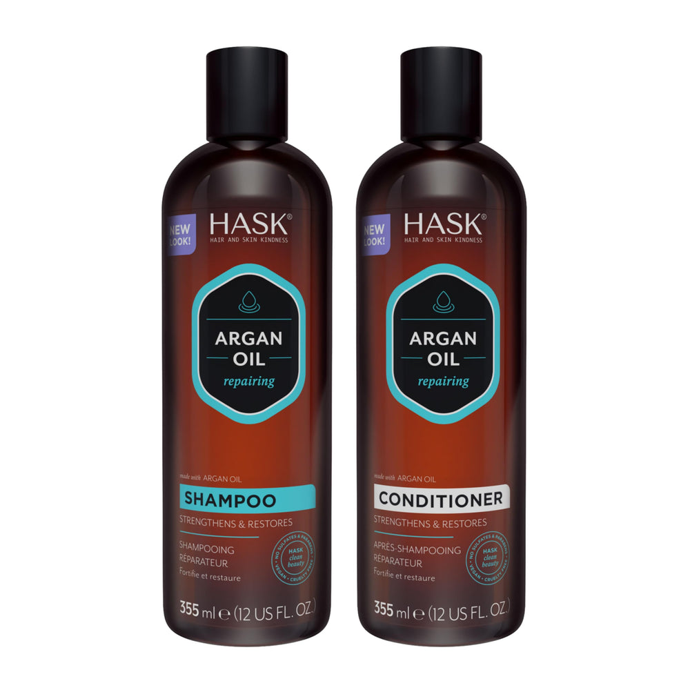 HASK champú reparador de aceite de argán, botella, limpieza suave y color protegido.