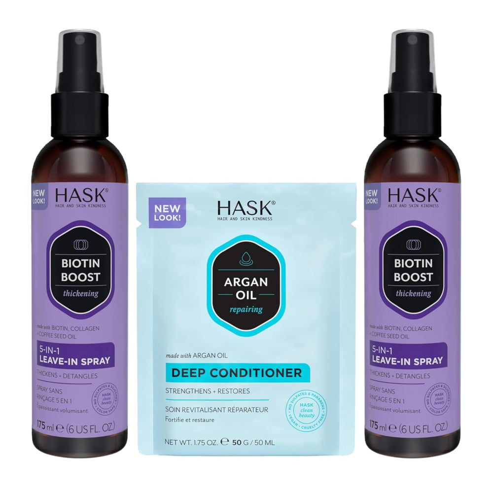 HASK Biotin Thicken 5-in-1 Leave-In bottle highlights lightweight conditioning for smooth, detangled hair.