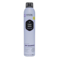HASK chia-seed volumizing dry shampoo bottle boosts lift and absorbs oil for refreshed roots.