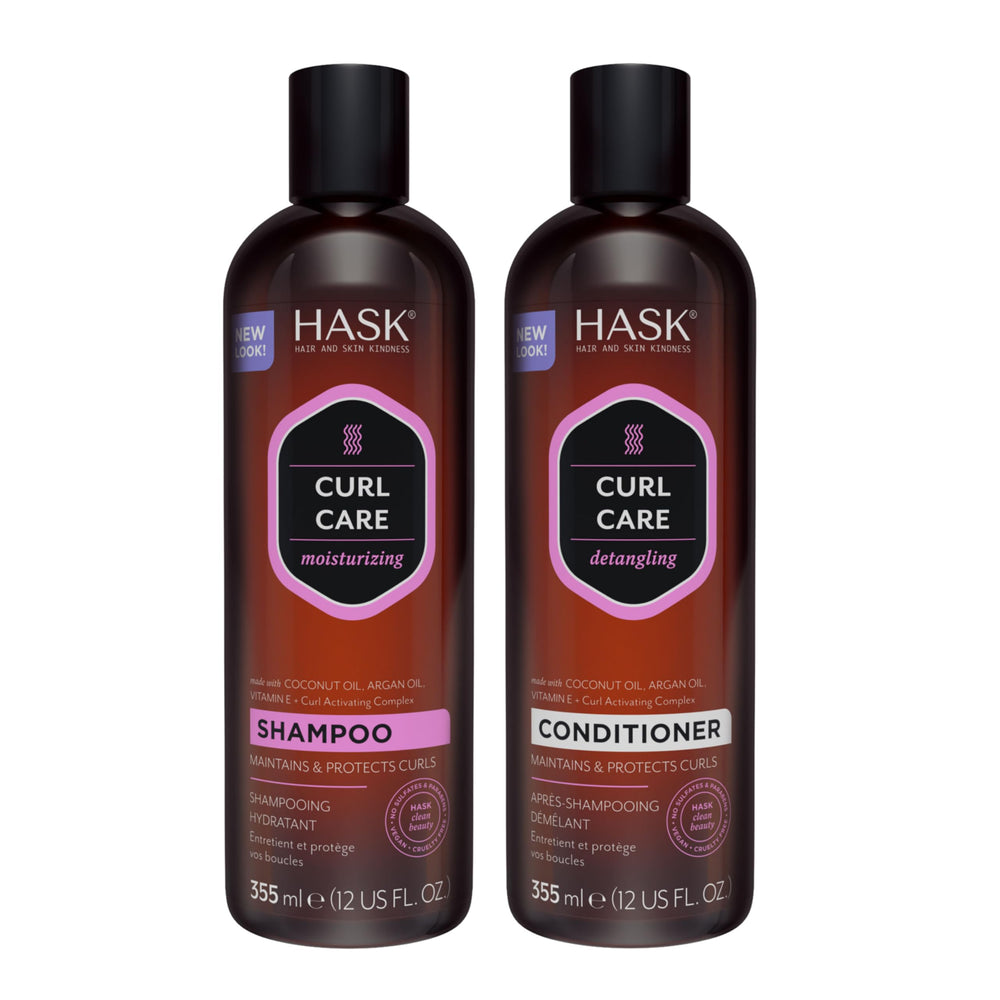 Champú HASK para cabello rizado con coco y argán, limpieza suave sin sulfatos.