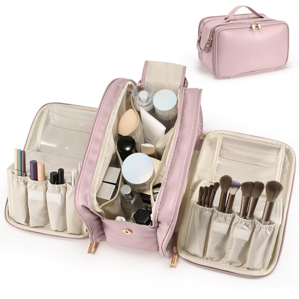 HauteHues travel makeup bag with a large opening for quick access while traveling